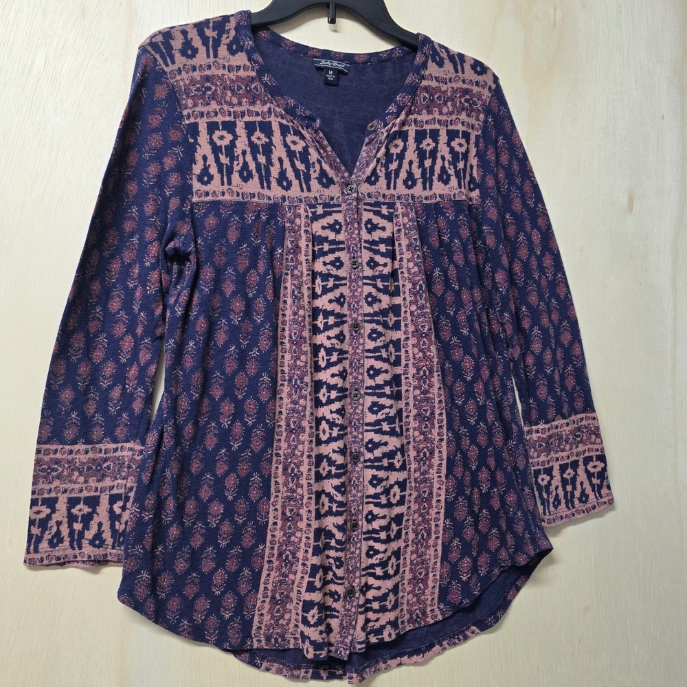 Lucky Brand Purple Ikat Floral Henley Blouse Long Sleeve Boho Top Medium - Picture 12 of 12